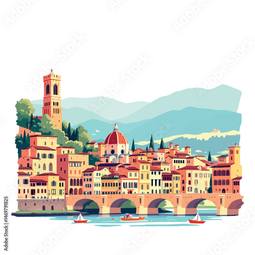 Vsai florence cityscape with ponte santa trinita crossing arno river under duomo and palazzo vecchio