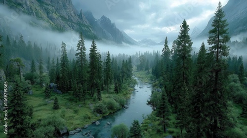 Foggy Valley Landscape with Forest and River Viewed from High Above