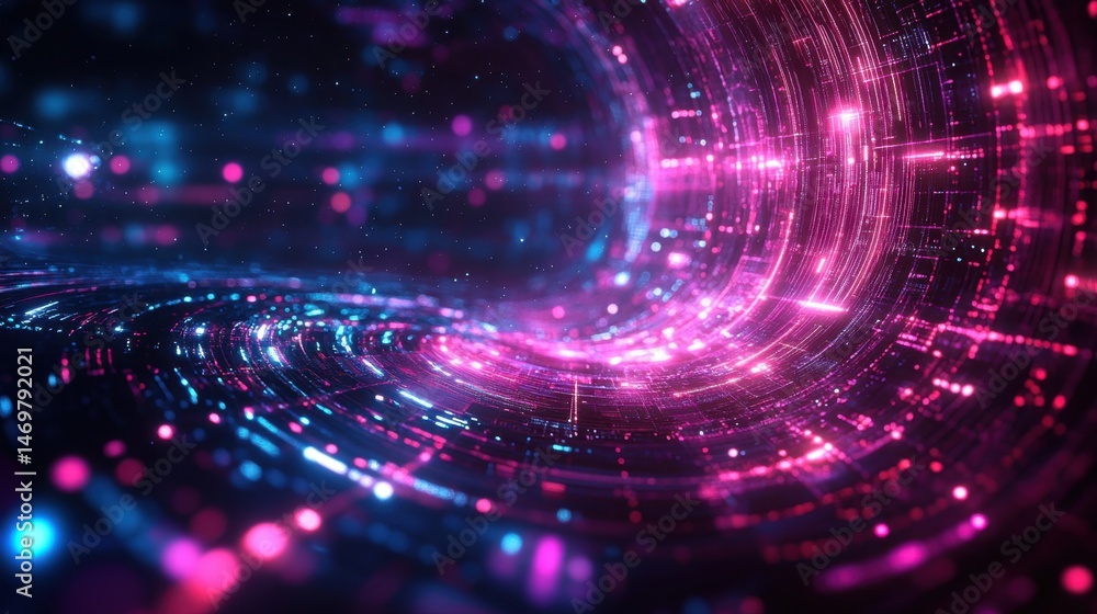 Obraz premium Digital abstract background with glowing particles creating swirling motion in vibrant pink and blue tones
