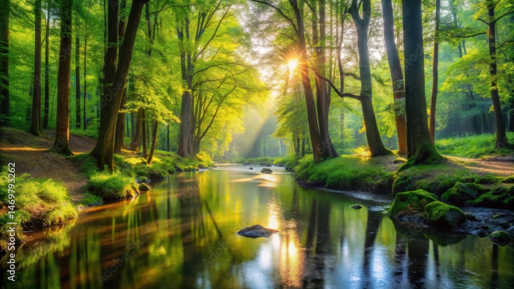 Serene Sunrise Illuminates a Tranquil Forest Stream, Bathing the Lush Green Canopy in Golden Light, Reflecting on the Still Waters Serene Sunrise Illuminates a Tranquil Forest Stream, Bathing the Lush Green Canopy in Golden Light, Reflecting on the Still Waters