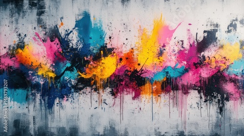Vibrant Abstract Artwork with Splashes of Color in Pink, Blue, Yellow, and Black on a Grungy Background