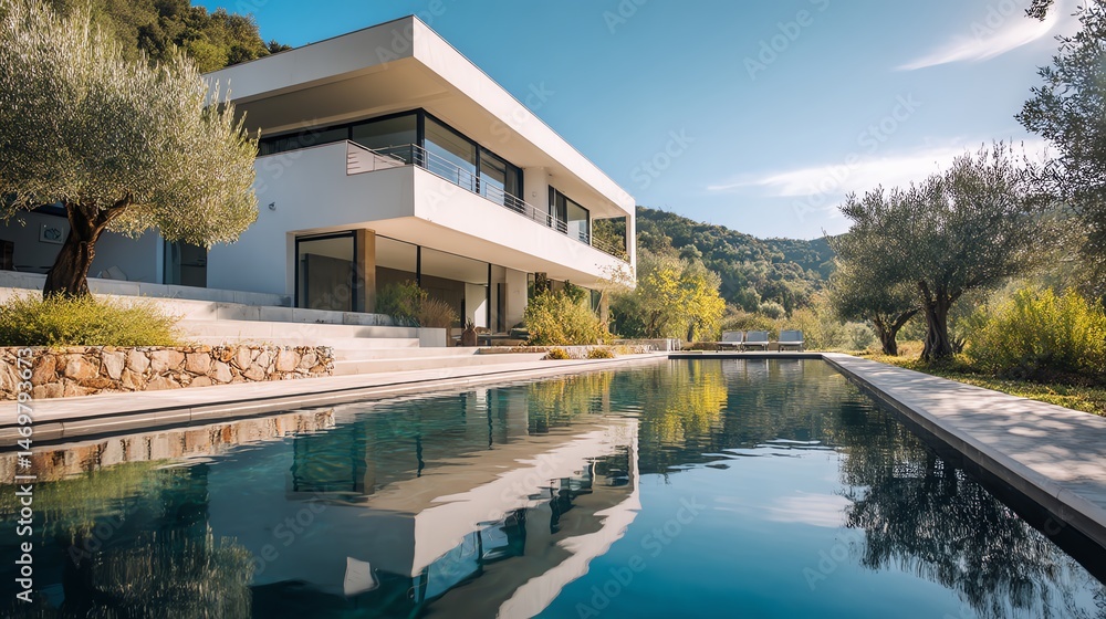 Obraz premium Modern villa with a serene pool view.
