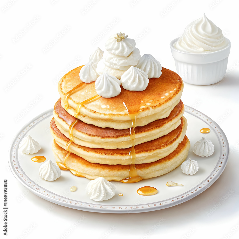 Delicious Fluffy Pancakes with Whipped Cream and Maple Syrup Delicious Fluffy Pancakes with Whipped Cream and Maple Syrup