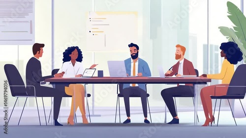 Animated corporate team brainstorms ideas during a meeting in a conference room