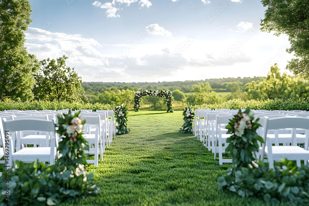 A wedding ceremony is taking place in a lush green field with white chairs A wedding ceremony is taking place in a lush green field with white chairs