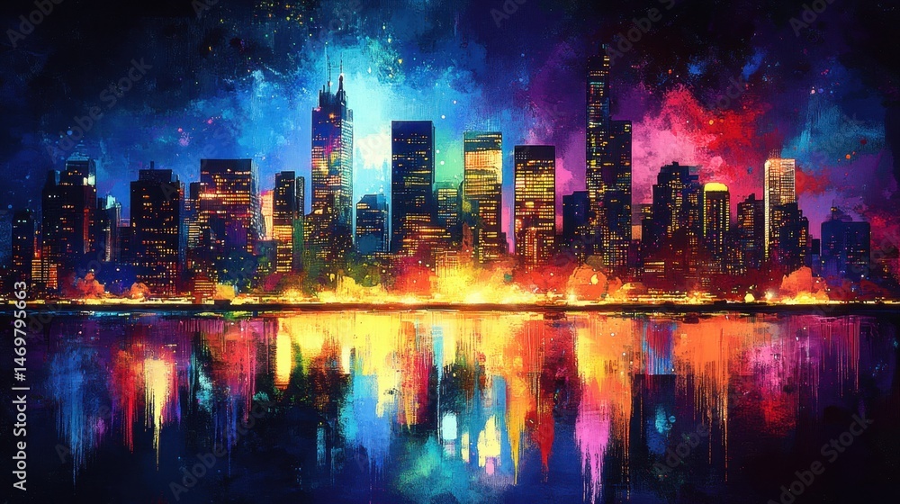Obraz premium Vibrant Night City Skyline with Colorful Reflection on Water Surface Under Starry Sky at Dusk