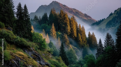 Misty Sunrise Over Mountain Landscape with Golden Rays Filtering Through Trees