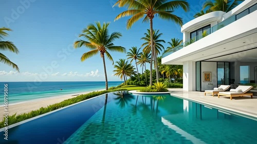 Luxurious beachfront villa with private infinity pool and palm trees