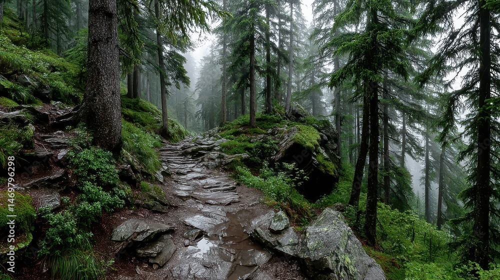 Fototapeta premium Misty Morning in Alpine Forest with Lush Greenery and Rocky Pathway
