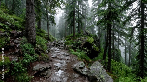 Misty Morning in Alpine Forest with Lush Greenery and Rocky Pathway