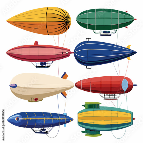 Nine  classic Dirigible arranged on a white background.