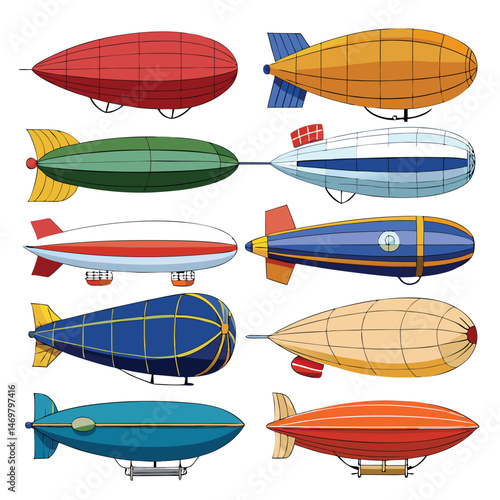 Nine  classic Dirigible arranged on a white background.