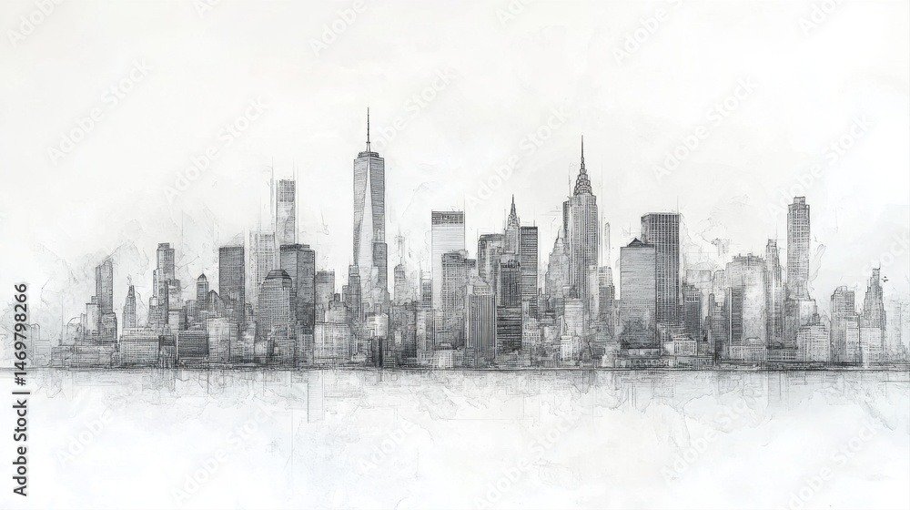 Fototapeta premium Detailed Cityscape Illustration of Manhattan Skyline on a Minimalist Background in Soft Watercolor Style