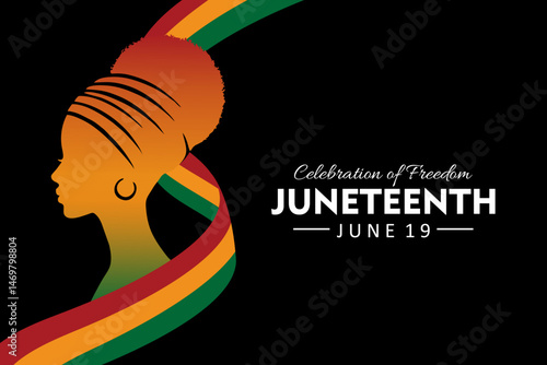 Juneteenth Freedom Day. June 19. African American Liberation Day. Silhouette of an African American woman with afro hairstyle wrapped in a ribbon with red, yellow, and green colors. Vector