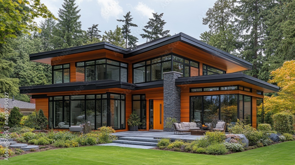 Modern luxury home front view with bold entrance door, sunlit terrace featuring efficient heat pump and minimalist landscaping Modern luxury home front view with bold entrance door, sunlit terrace featuring efficient heat pump and minimalist landscaping