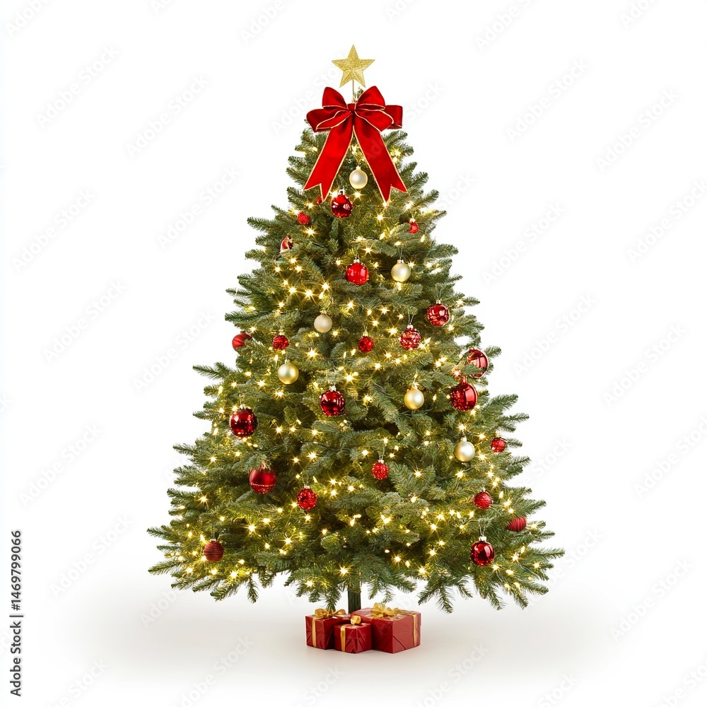 Decorated Christmas tree with glowing lights, red ribbons, and ornaments, isolated on a clean white background. Vibrant tones, front-facing view, festive warmth. Decorated Christmas tree with glowing lights, red ribbons, and ornaments, isolated on a clean white background. Vibrant tones, front-facing view, festive warmth.