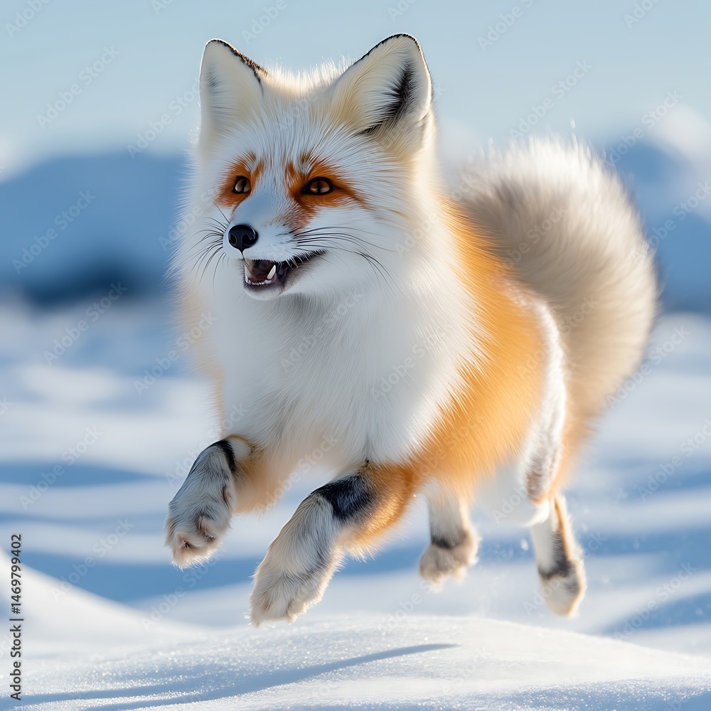 A vibrant red fox leaps gracefully through pristine snow A vibrant red fox leaps gracefully through pristine snow