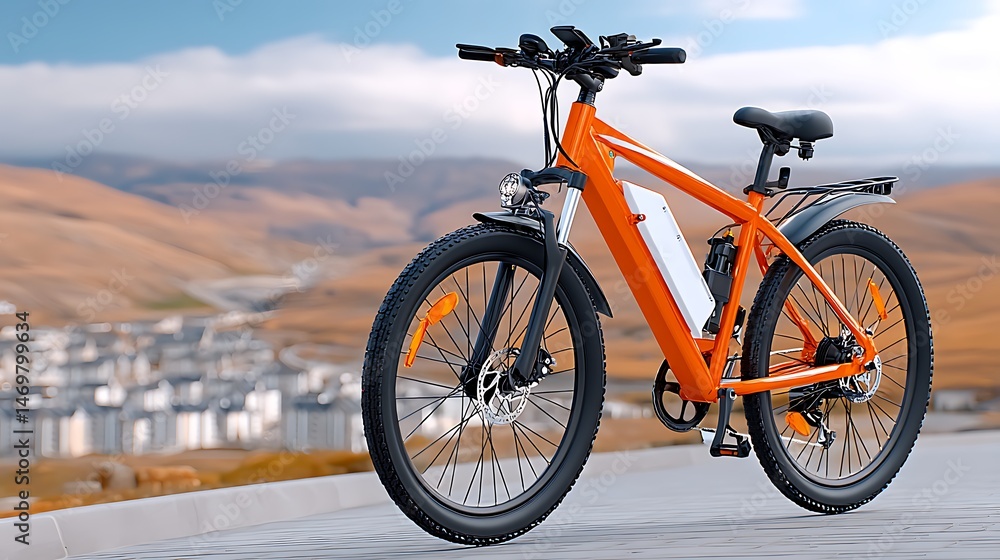 Obraz premium Powerful Orange Electric Mountain Bike on Scenic Mountain Trail
