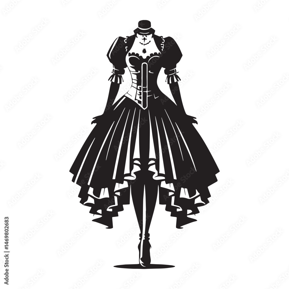 Fototapeta premium Corset steampunk dress with voluminous skirt silhouette – steampunk dress silhouette – steampunk dress vector – steampunk dress illustration – ladies dress silhouette – silhouette of steampunk dress