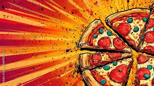 Colorful Pop Art Illustration of Delicious Pepperoni Pizza with Vibrant Background in Dynamic Comic Style