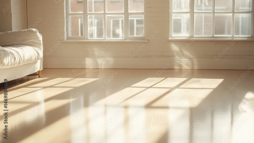 Fototapeta premium Sunlit Minimalist Room Interior with White Couch and Large Windows