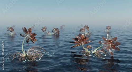 Surreal aquatic garden featuring metal lotus flowers in a misty seascape