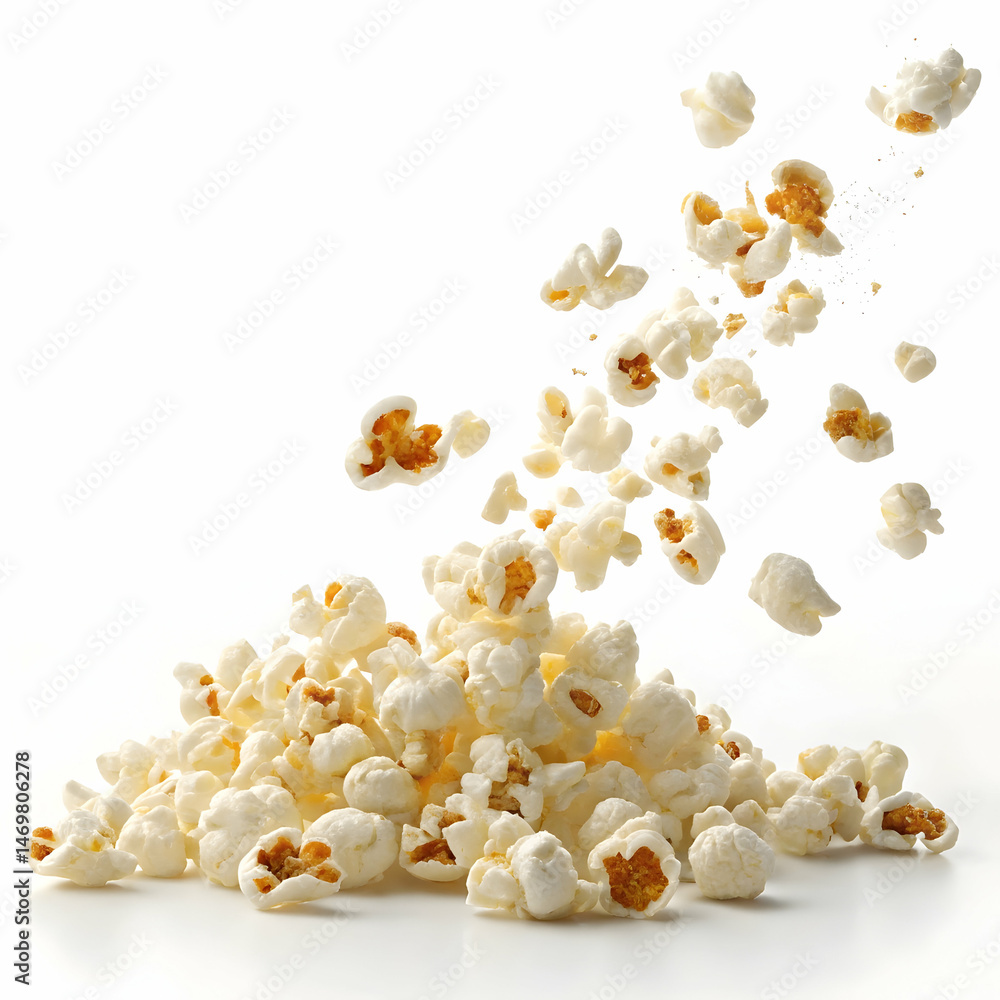 Popcorn: Delicious Snack, Movie Time Treat, Fluffy Kernels, Buttery Goodness, White Background Popcorn: Delicious Snack, Movie Time Treat, Fluffy Kernels, Buttery Goodness, White Background
