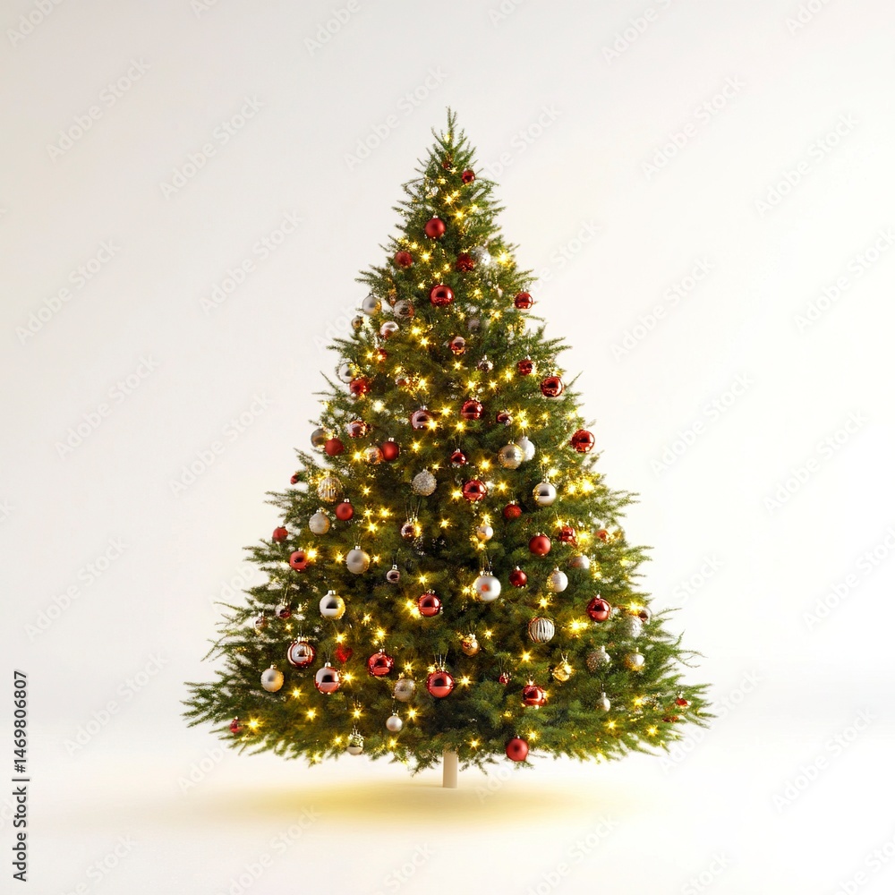 Fully decorated Christmas tree with shiny ornaments and glowing lights, set against a clean white backdrop. Soft lighting, centered composition, festive and elegant. Fully decorated Christmas tree with shiny ornaments and glowing lights, set against a clean white backdrop. Soft lighting, centered composition, festive and elegant.