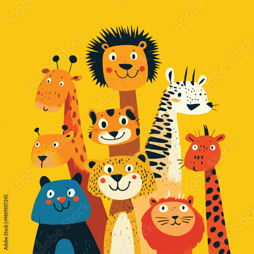 Cute Cartoon Animals Illustration Of Giraffe Tiger Lion Bear On Yellow Background