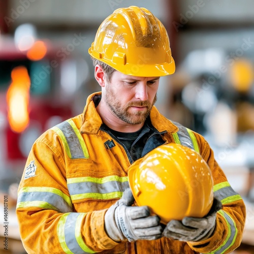 Safety Inspector Examining Hard Hat: Quality Control and Workplace Protection Inspection