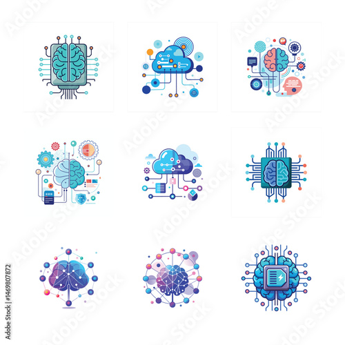 AI Icons Set  Neural Networks, Brain Chip, Machine Learning, Data Cloud Technology