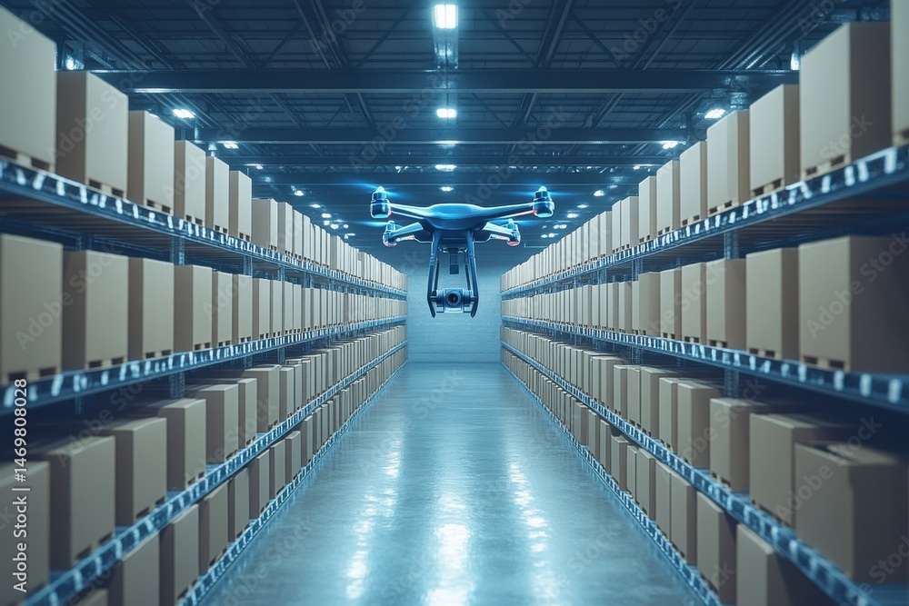 A drone flying in a warehouse A drone flying in a warehouse