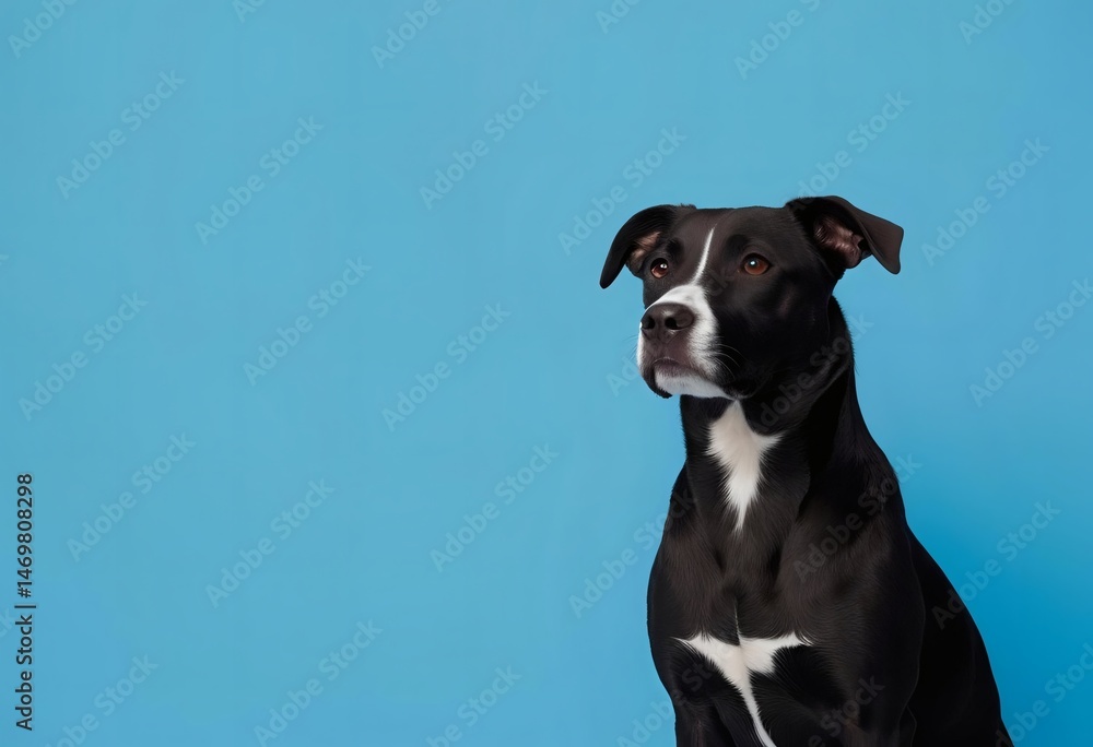 Alert Black Labrador Retriever Looking Away on Light Blue Background for Loyal and Focused Pet Images Alert Black Labrador Retriever Looking Away on Light Blue Background for Loyal and Focused Pet Images