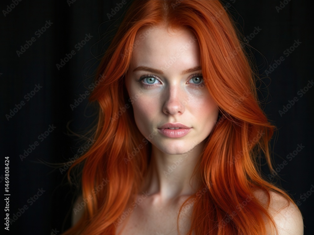 Fototapeta premium Portrait of redhead sexy woman with long hair on black background. Perfect girl with the blue eyes, nice clean skin, beautiful natural makeup, red hair.