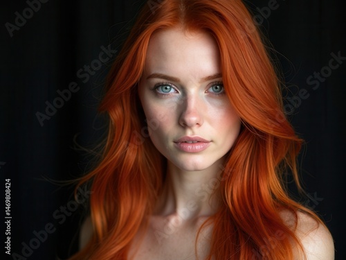 Portrait of redhead sexy woman with long hair on black background. Perfect girl with the blue eyes, nice clean skin, beautiful natural makeup, red hair.