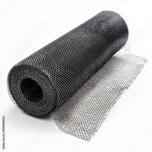 Rolled Black Mesh Netting on White Background photo