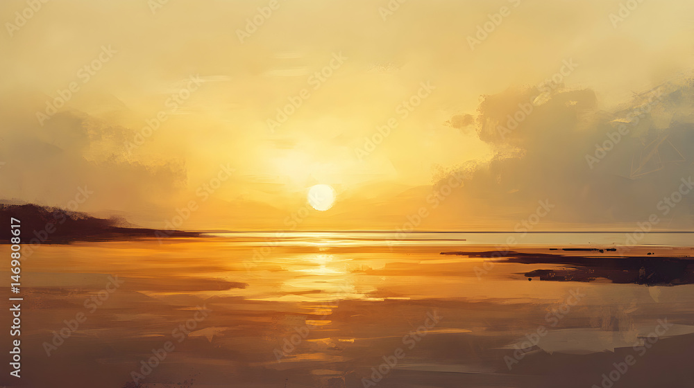 Naklejka premium Ethereal golden hour seascape with tranquil reflections and subtle cloudscape