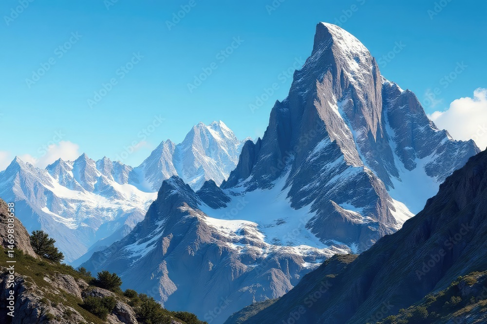 Obraz premium Jagged peaks of a towering rocky mountain range pierce a vibrant blue sky , landscape, elevation