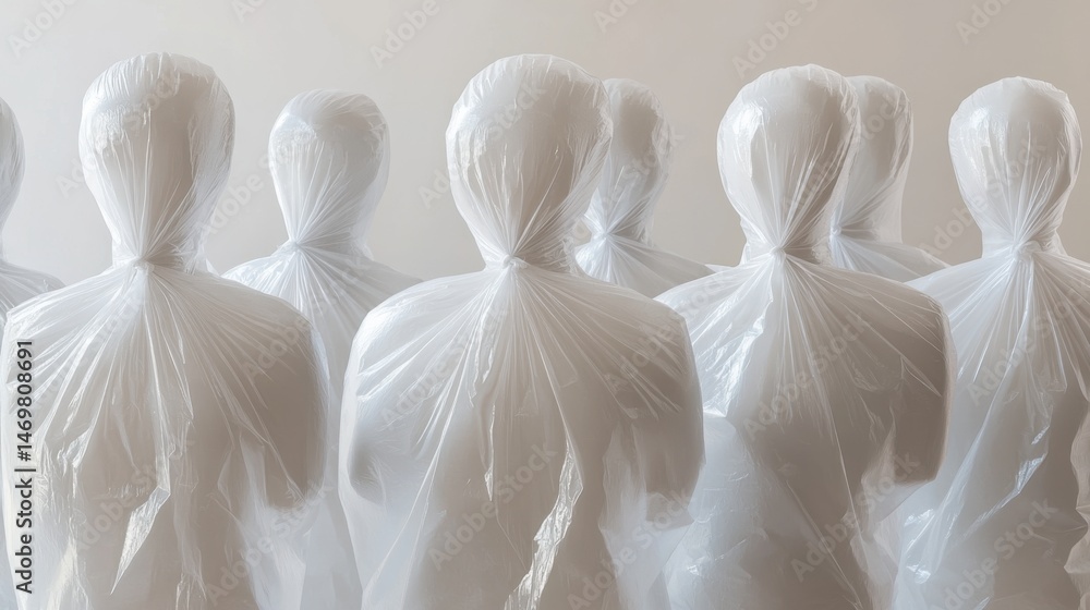 Human silhouettes enclosed in large transparent inflated plastic bags, plastic free bag day concept