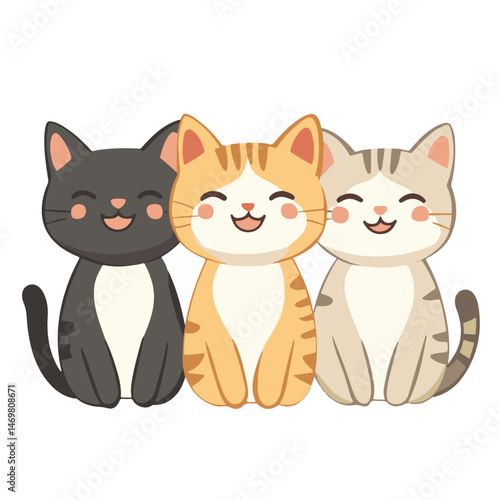 Three Cute Cartoon Cats Sitting Together Smiling Happy Companions Illustration
