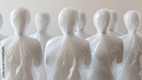 Obraz na płótnie Human silhouettes enclosed in large transparent inflated plastic bags, plastic free bag day concept w salonie