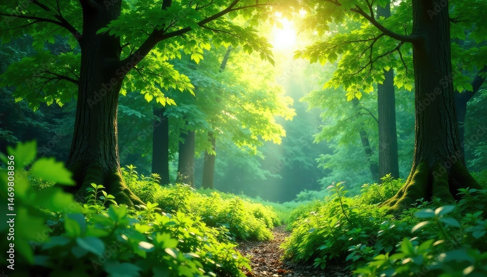 Fototapeta premium Lush green forest scene, vibrant foliage, sunlight dappling through leaves , nature background, dappled light
