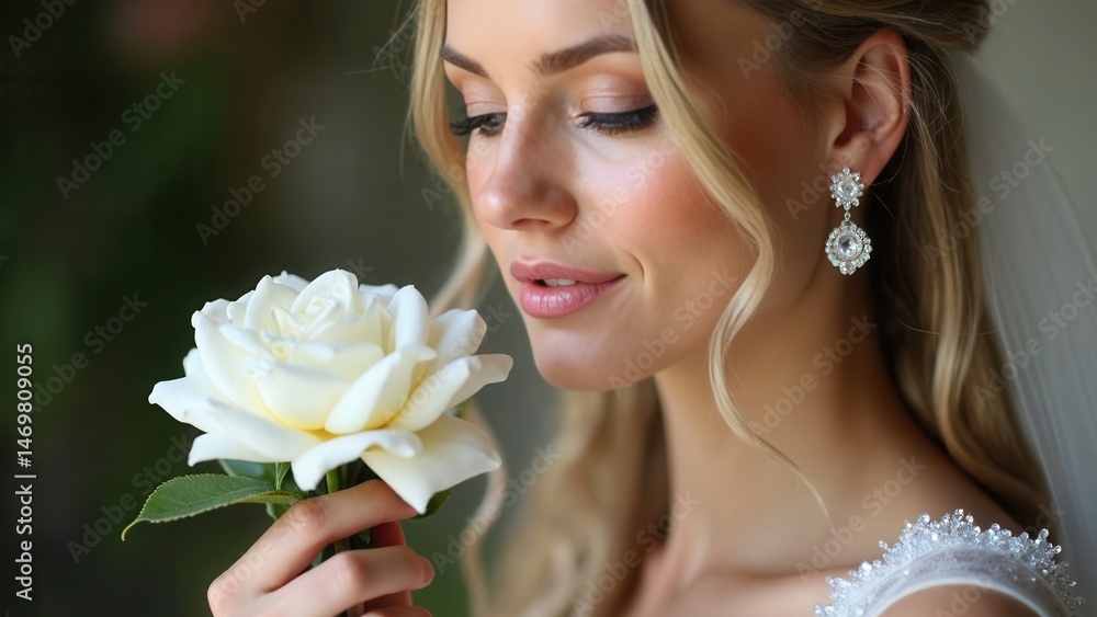 Perfect bride with jewels, a portrait of a girl in a long white dress. Beautiful hair and clean delicate skin. Wedding hairstyle blonde woman. Girl with a white flower in her hands.