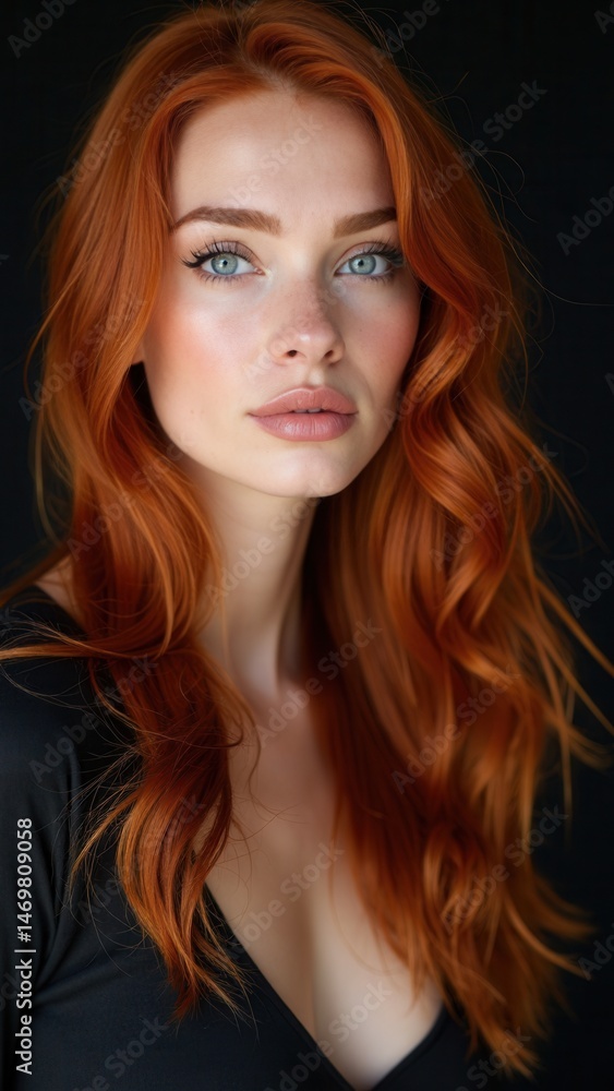 Portrait of redhead sexy woman with long hair on black background. Perfect girl with the blue eyes, nice clean skin, beautiful natural makeup, red hair.