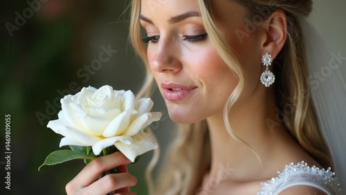 Perfect bride with jewels, a portrait of a girl in a long white dress. Beautiful hair and clean delicate skin. Wedding hairstyle blonde woman. Girl with a white flower in her hands.