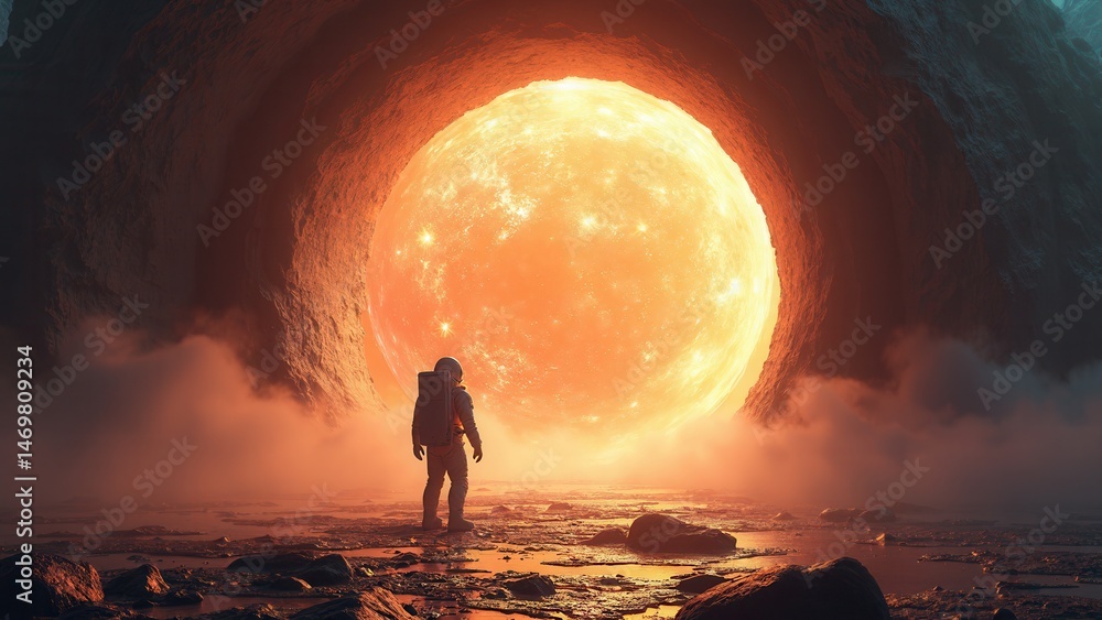 Astronaut cosmonaut discovery of new worlds of galaxies, fantasy portal to far universe. Astronaut space exploration, gateway to another universe. .
