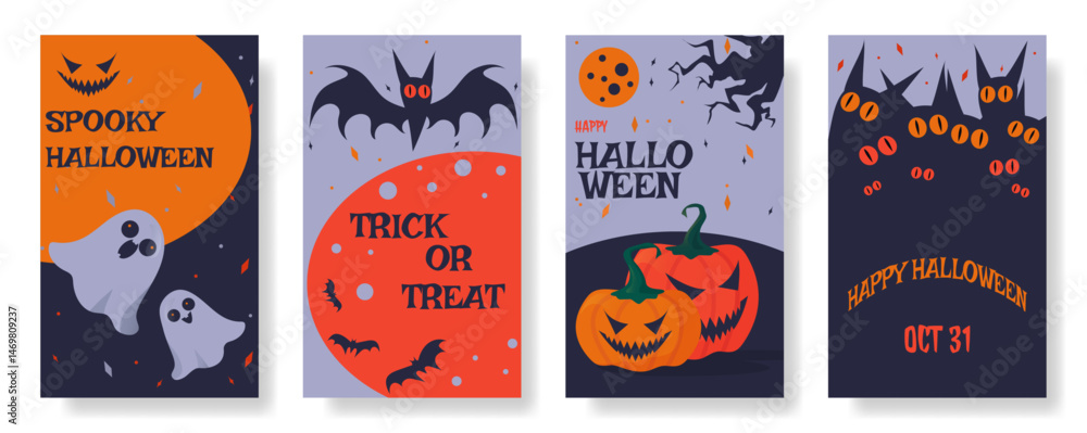 Fototapeta premium Happy Halloween vector poster set. Trick or treat greeting text with pumpkins, bat, ghost characters elements design for horror party invitation. Holiday vector illustration, card set