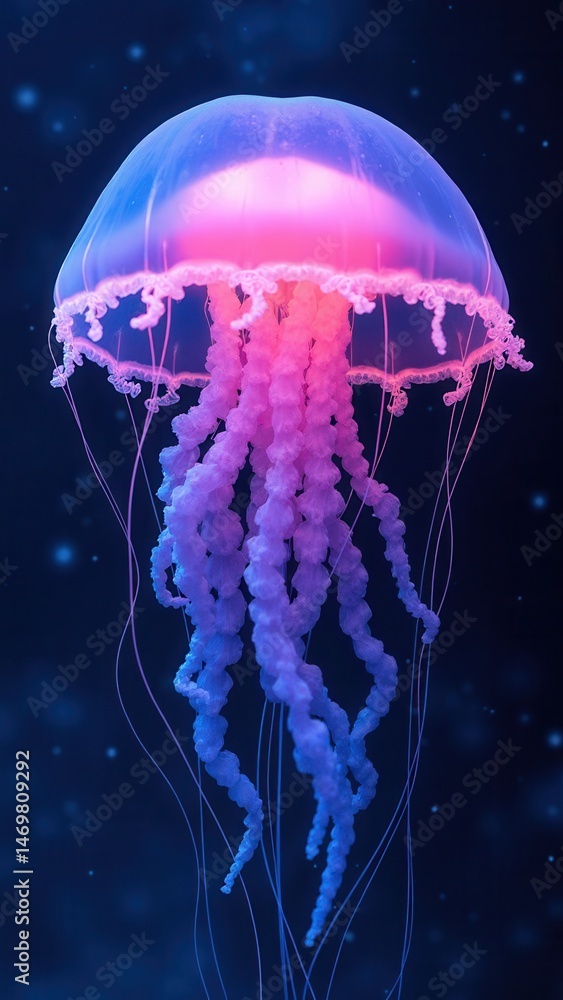 Glowing jellyfish swim deep in blue sea. Medusa neon jellyfish fantasy in space cosmos among stars.