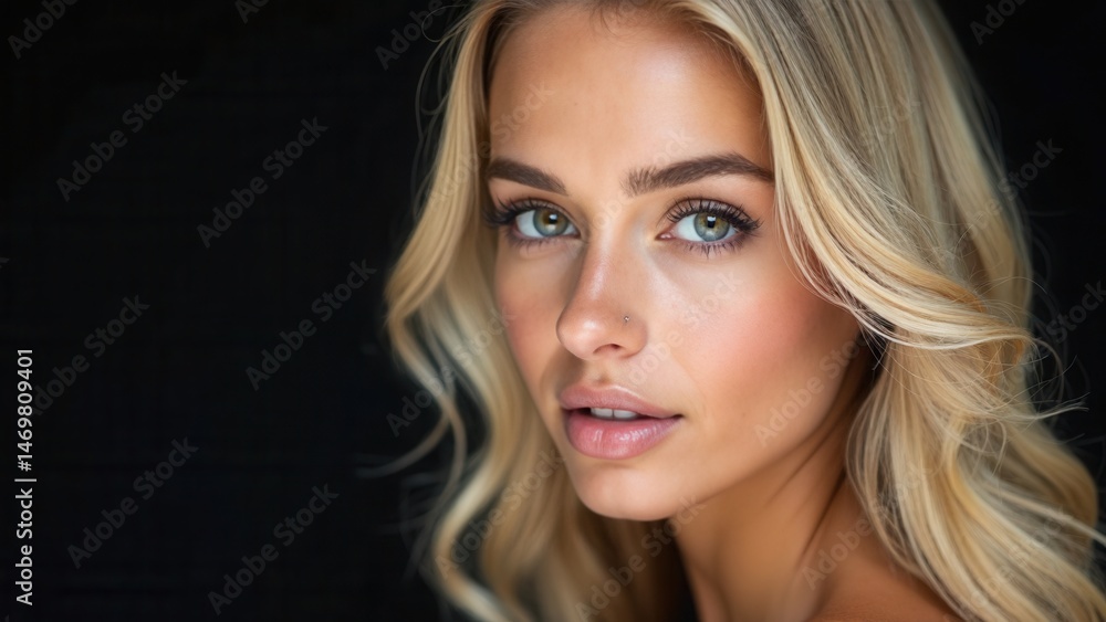 Perfect portrait woman on a black background. Beautiful eyes, Natural beauty clean skin, face and hair care. Strong thick hair. Art Sexy beautiful blonde with halo over her head an.