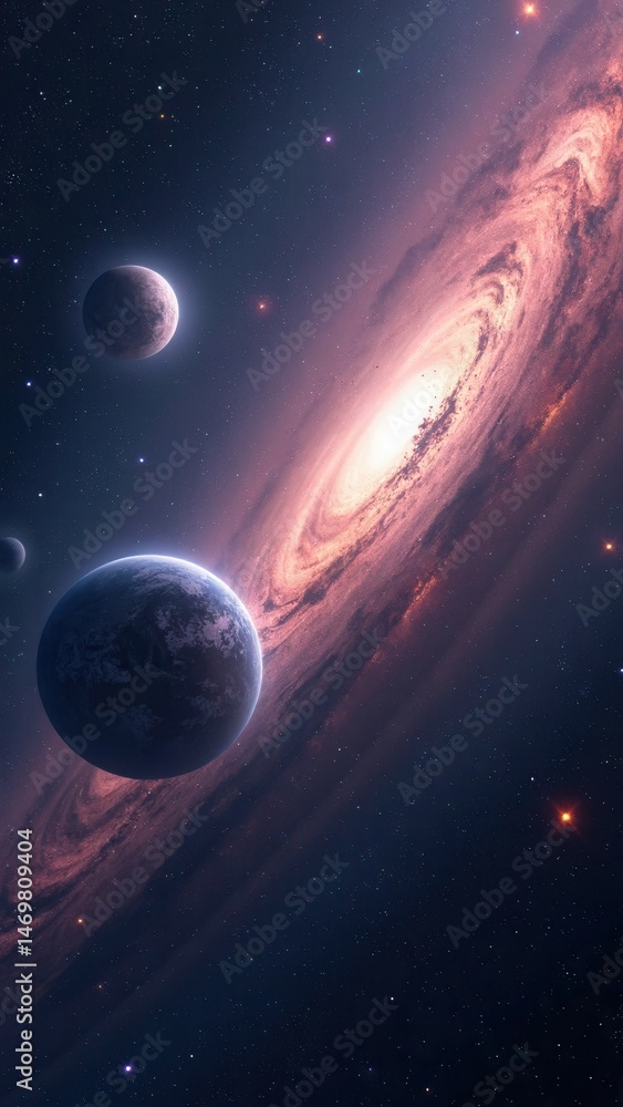 Panorama Space galaxy scene with planets, stars and galaxies. Banner template. Many Nebulae and galaxies in space, many light years away. Deep Universe galaxy space. Large-scale st.
